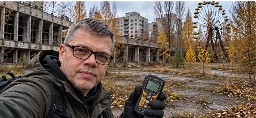Автор с дозиметром в парке аттракционов Припяти