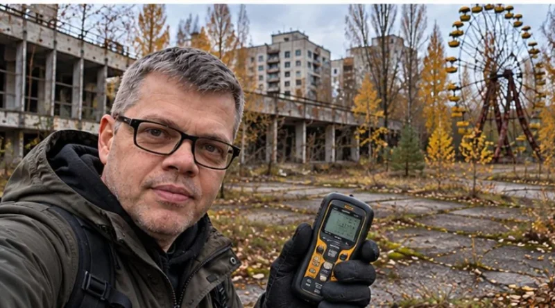 Автор с дозиметром в парке аттракционов Припяти